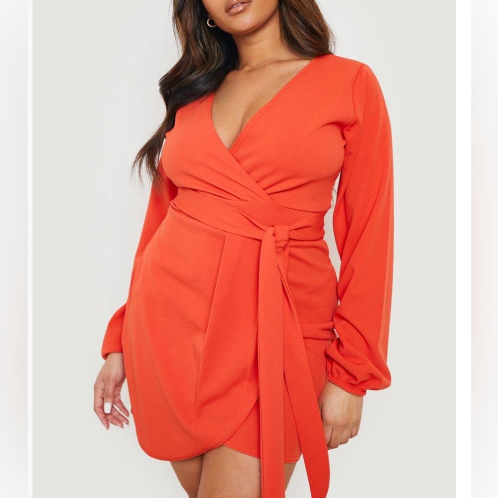 Boohoo Curve Tie Belt Faux Wrap Dress